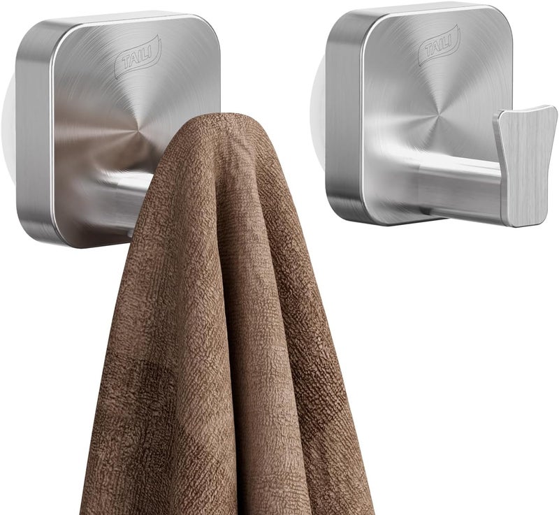 Taili 304 Stainless Steel Bathroom Suction Hooks for Towel, Bathrobe, Loofah, Patented Strong Suction Cup Holder, No Damage Hanging Glass Shower Wall Hook, Hold Up to 11 Lbs, 2 Pack, Silver - Image 1